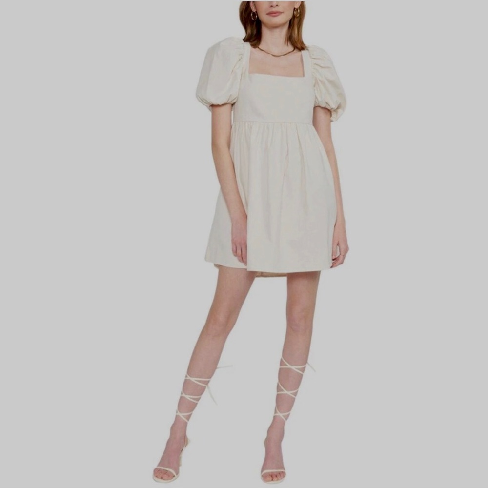 JACQUIE THE LABEL AIMEE PINK & WHITE PUFF SLEEVE SQUARE NECK BABYDOLL DRESS